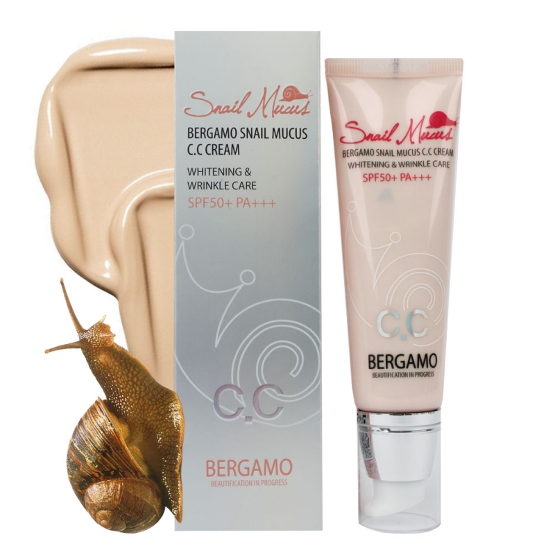 รูปภาพที่1 ของสินค้า : Bergamo Snail Mucus C.C Cream Whitening & Wrinkle Care SPF 50 PA+++ 50ml ครีมที่รวมคุณสมบัติของผลิตภัณฑ์บำรุงผิวอันสมบูรณ์เเบบ ด้วยเนื้อครีมที่บางเบา ไม่มัน ควบคุมสีผิวและปรับสภาพผิวให้มีความนวลเนียน กระจ่างใส แลดูเป็นธรรมชาติ กลมกลืนกับสี