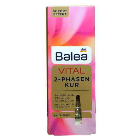Balea Vital 2-Phasen Kur (VITAL 2-Phase Treatment Ampoules) 7 x 1 ml. แพคเกจใหม่ แนะนำสำหรับผิวอายุ 40-60 ปี เซรั่มผสมน้ำมันเข้มข้น มีส่วนผสมของน้ำมันอาร์แกน, ไฮยาลูรอนเข้มข้น โปรวิตามินบี 5 เหมาะสำหรับผิวที่ขาดความชุ่มชื่น ทำให้ผิวที่มีริ้วรอย 