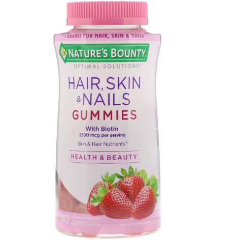 รูปภาพที่1 ของสินค้า : Nature's Bounty Optimal Solutions Hair, Skin & Nails Gummies with Biotin 2500 mcg. 140 Strawberry Gummies แค่เคี้ยวๆ ผมก็สวย เล็บแข็งแรงได้ด้วยเจลลี่เม็ดวิตามินรสสตรอเบอร์รี่ ที่มีส่วนผสมของไบโอตินช่วยบำรุงผมดกหนา เงางาม ผิวกระจ่างใส เล็บแข็งแรง