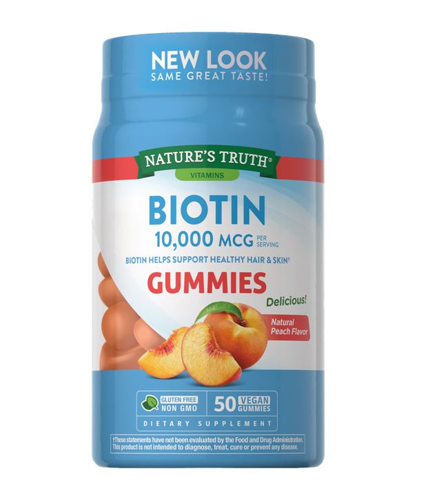Nature's Truth Vitamins Biotin 10000 MCG Natural Peach Flavor 50 Gummies กัมมี่บํารุงผมและผิว รสพีช สูตรใหม่ล่าสุดจากอเมริกา เพิ่ม Biotin อัดแน่น 10,000 mcg เท่ากับขนาดรับประทาน 2 เม็ดกัมมี่วิตามินกัมมี่บำรุงผม ผิว เล็บเคี้ยวกลืนโดยไม่ต้องดื่มน้ําตาม