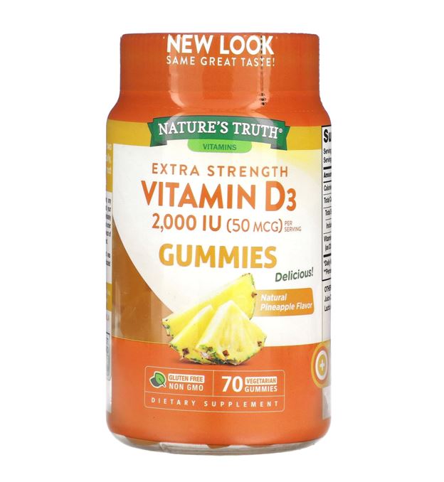 Nature's Truth Vitamins Extra Strength Vitamin D3 2,000 IU 50 MCG Gummies Natural Pineapple 70 Vegetarian Gummies กัมมี่วิตามินดี3 รสสัปปะรด อร่อยทานง่าย มีหน้าที่สำคัญในการกระตุ้นระบบภูมิคุ้มกันของร่างกาย มีส่วนช่วยในการดูดซึมและใช้ประโยชน์ของแคลเซี